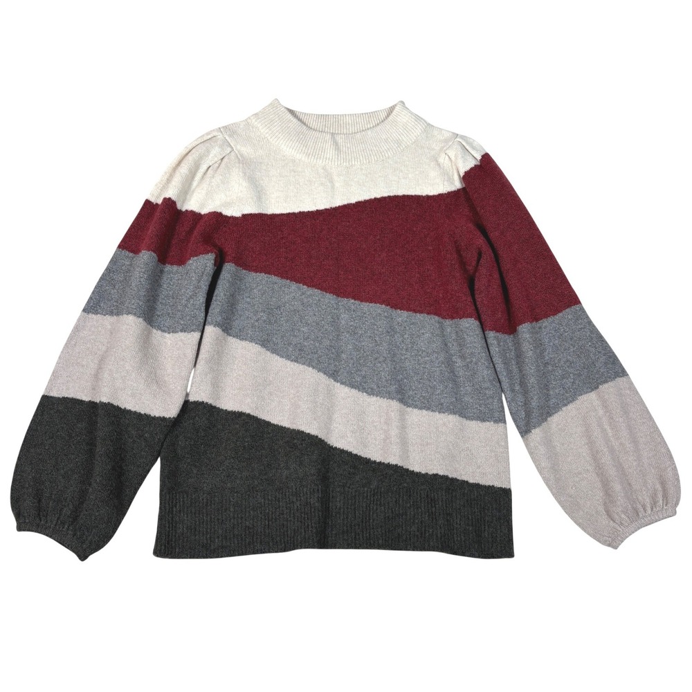 Democracy Womens Colorblock Mock Neck Puff Sleeve Sweater Burgundy Grey Size M